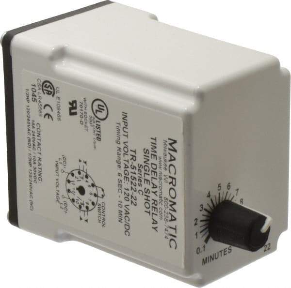 Macromatic - 11 Pin, 10 min Delay, Multiple Range DPDT Time Delay Relay - 10 Contact Amp, 120 VAC/VDC, Knob - Benchmark Tooling