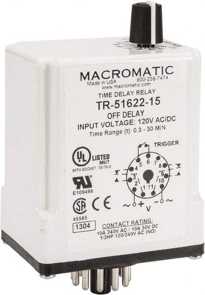 Macromatic - 11 Pin, 0.3 to 30 min Delay, Multiple Range DPDT Time Delay Relay - 10 Contact Amp, 120 VAC/VDC, Knob - Benchmark Tooling