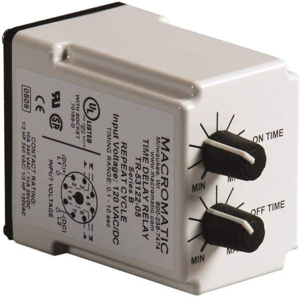 Macromatic - 8 Pin, 10 min Delay, Multiple Range DPDT Time Delay Relay - 10 Contact Amp, 120 VAC/VDC, Knob - Benchmark Tooling