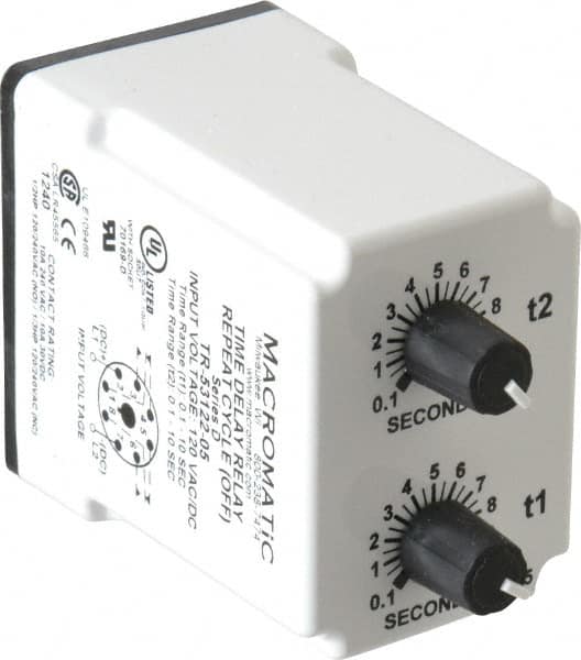 Macromatic - 8 Pin, Multiple Range DPDT Time Delay Relay - 10 Contact Amp, 120 VAC/VDC, Knob - Benchmark Tooling