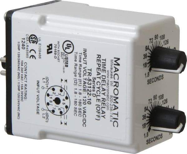 Macromatic - 8 Pin, Multiple Range DPDT Time Delay Relay - 10 Contact Amp, 120 VAC/VDC, Knob - Benchmark Tooling