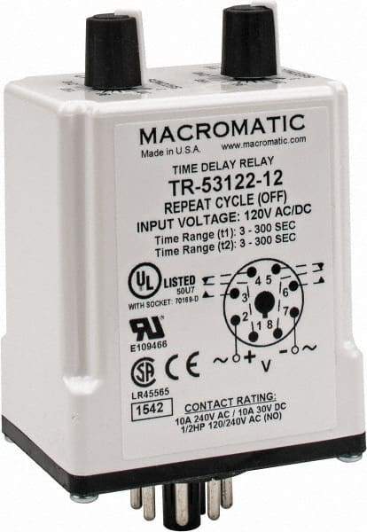 Macromatic - 8 Pin, Multiple Range DPDT Time Delay Relay - 10 Contact Amp, 120 VAC/VDC, Knob - Benchmark Tooling