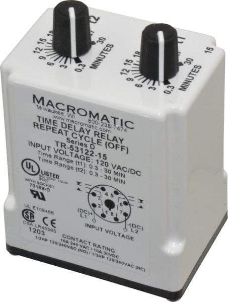 Macromatic - 8 Pin, 30 min Delay, Multiple Range DPDT Time Delay Relay - 10 Contact Amp, 120 VAC/VDC, Knob - Benchmark Tooling