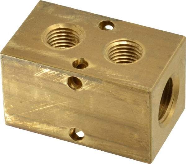 Made in USA - 3/8" Inlet, 1/4" Outlet Manifold - 2.13" Long x 1-1/4" Wide x 1-1/4" High, 0.2" Mount Hole, 2 Inlet Ports, 2 Outlet Ports - Benchmark Tooling