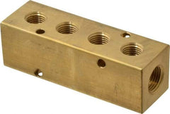 Made in USA - 3/8" Inlet, 1/4" Outlet Manifold - 3.88" Long x 1-1/4" Wide x 1-1/4" High, 0.2" Mount Hole, 2 Inlet Ports, 4 Outlet Ports - Benchmark Tooling