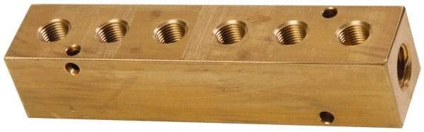 Made in USA - 1/2" Inlet, 3/8" Outlet Manifold - 6-3/4" Long x 1-1/2" Wide x 1-1/2" High, 0.2" Mount Hole, 2 Inlet Ports, 6 Outlet Ports - Benchmark Tooling