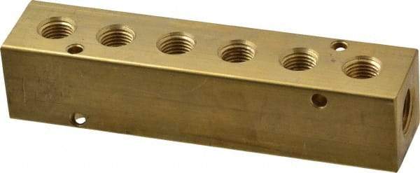 Made in USA - 3/8" Inlet, 1/4" Outlet Manifold - 5.63" Long x 1-1/4" Wide x 1-1/4" High, 0.2" Mount Hole, 2 Inlet Ports, 6 Outlet Ports - Benchmark Tooling