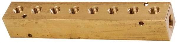 Made in USA - 3/8" Inlet, 1/4" Outlet Manifold - 7.38" Long x 1-1/4" Wide x 1-1/4" High, 0.2" Mount Hole, 2 Inlet Ports, 8 Outlet Ports - Benchmark Tooling