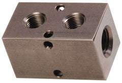 Made in USA - 1/2" Inlet, 3/8" Outlet Manifold - 2-3/4" Long x 1-1/2" Wide x 1-1/2" High, 0.2" Mount Hole, 2 Inlet Ports, 2 Outlet Ports - Benchmark Tooling