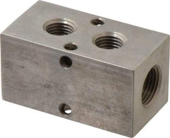 Made in USA - 3/8" Inlet, 1/4" Outlet Manifold - 2.38" Long x 1-1/4" Wide x 1-1/4" High, 0.2" Mount Hole, 2 Inlet Ports, 2 Outlet Ports - Benchmark Tooling