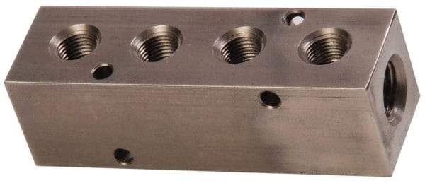 Made in USA - 1/4" Inlet, 1/8" Outlet Manifold - 3-1/4" Long x 1" Wide x 1" High, 0.17" Mount Hole, 2 Inlet Ports, 4 Outlet Ports - Benchmark Tooling
