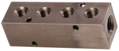Made in USA - 1/4" Inlet, 1/8" Outlet Manifold - 3-1/4" Long x 1" Wide x 1" High, 0.17" Mount Hole, 2 Inlet Ports, 4 Outlet Ports - Benchmark Tooling