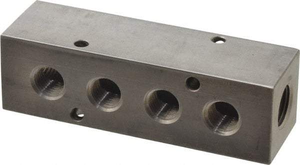 Made in USA - 3/8" Inlet, 1/4" Outlet Manifold - 4.12" Long x 1-1/4" Wide x 1-1/4" High, 0.2" Mount Hole, 2 Inlet Ports, 4 Outlet Ports - Benchmark Tooling