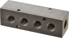 Made in USA - 3/8" Inlet, 1/4" Outlet Manifold - 4.12" Long x 1-1/4" Wide x 1-1/4" High, 0.2" Mount Hole, 2 Inlet Ports, 4 Outlet Ports - Benchmark Tooling