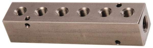 Made in USA - 1/4" Inlet, 1/8" Outlet Manifold - 4-3/4" Long x 1" Wide x 1" High, 0.17" Mount Hole, 2 Inlet Ports, 6 Outlet Ports - Benchmark Tooling