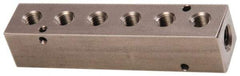 Made in USA - 1/2" Inlet, 3/8" Outlet Manifold - 6-3/4" Long x 1-1/2" Wide x 1-1/2" High, 0.2" Mount Hole, 2 Inlet Ports, 6 Outlet Ports - Benchmark Tooling