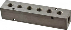 Made in USA - 3/8" Inlet, 1/4" Outlet Manifold - 5.88" Long x 1-1/4" Wide x 1-1/4" High, 0.2" Mount Hole, 2 Inlet Ports, 6 Outlet Ports - Benchmark Tooling