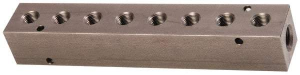 Made in USA - 1/2" Inlet, 3/8" Outlet Manifold - 8-3/4" Long x 1-1/2" Wide x 1-1/2" High, 0.2" Mount Hole, 2 Inlet Ports, 8 Outlet Ports - Benchmark Tooling