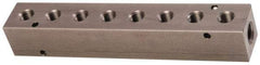 Made in USA - 3/8" Inlet, 1/4" Outlet Manifold - 7.63" Long x 1-1/4" Wide x 1-1/4" High, 0.2" Mount Hole, 2 Inlet Ports, 8 Outlet Ports - Benchmark Tooling