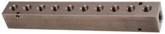 Made in USA - 1/2" Inlet, 3/8" Outlet Manifold - 10-3/4" Long x 1-1/2" Wide x 1-1/2" High, 0.2" Mount Hole, 2 Inlet Ports, 10 Outlet Ports - Benchmark Tooling