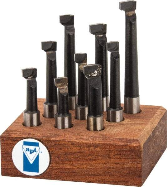 Made in USA - 5/16 to 7/16" Min Diam, 3/4 to 2-1/4" Max Depth, 3/8" Shank Diam, 2 to 3-15/16" OAL Boring Bar Set - C6 Carbide Tipped, Bright Finish, Right Hand Cut, 9 Piece Set - Exact Industrial Supply