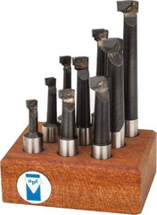 Made in USA - 5/16 to 9/16" Min Diam, 3/4 to 3" Max Depth, 1/2" Shank Diam, 2-1/4 to 4-1/2" OAL Boring Bar Set - C6 Carbide Tipped, Bright Finish, Right Hand Cut, 9 Piece Set - Exact Industrial Supply