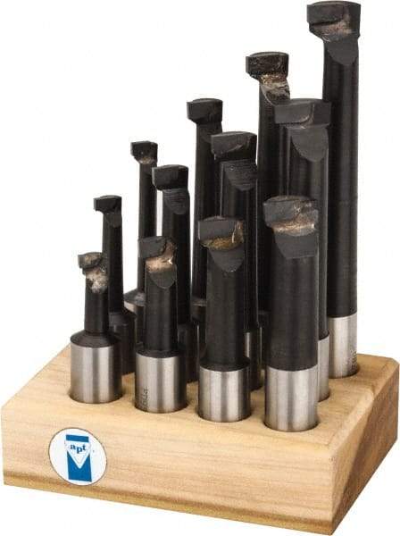 Made in USA - 7/16 to 13/16" Min Diam, 1-1/8 to 4-1/2" Max Depth, 3/4" Shank Diam, 3-1/8 to 6-1/2" OAL Boring Bar Set - C6 Carbide Tipped, Bright Finish, Right Hand Cut, 12 Piece Set - Exact Industrial Supply