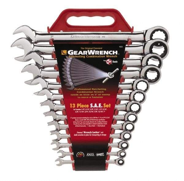 GearWrench - 13 Piece, 1/4" to 1", Combination Wrench Set - Inch Measurement Standard, Chrome Finish, Comes in Plastic Rack - Benchmark Tooling