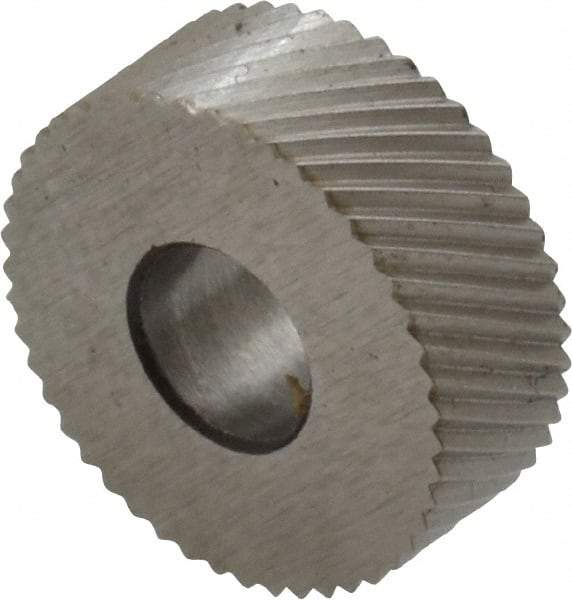 Made in USA - 1/2" Diam, 90° Tooth Angle, 35 TPI, Standard (Shape), Form Type High Speed Steel Right-Hand Diagonal Knurl Wheel - 3/16" Face Width, 3/16" Hole, Circular Pitch, 30° Helix, Bright Finish, Series EP - Exact Industrial Supply