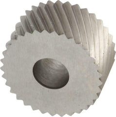 Made in USA - 3/4" Diam, 90° Tooth Angle, 16 TPI, Standard (Shape), Form Type High Speed Steel Left-Hand Diagonal Knurl Wheel - 3/8" Face Width, 1/4" Hole, Circular Pitch, 30° Helix, Bright Finish, Series KP - Exact Industrial Supply