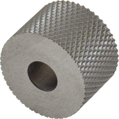 Made in USA - 3/4" Diam, 90° Tooth Angle, 25 TPI, Standard (Shape), Form Type High Speed Steel Female Diamond Knurl Wheel - 1/2" Face Width, 1/4" Hole, Circular Pitch, 30° Helix, Bright Finish, Series KR - Exact Industrial Supply