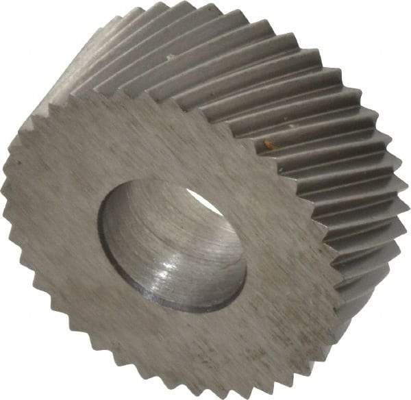 Made in USA - 5/8" Diam, 80° Tooth Angle, Standard (Shape), Form Type Cobalt Right-Hand Diagonal Knurl Wheel - 1/4" Face Width, 1/4" Hole, 64 Diametral Pitch, 30° Helix, Bright Finish, Series GK - Exact Industrial Supply