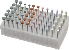 Grier Abrasives - 72 Piece Aluminum Oxide Vitrified Mounted Stone Abrasive Point Set - Fine Grade, 3/32" Diam x 1-1/2" Long Shank - Benchmark Tooling