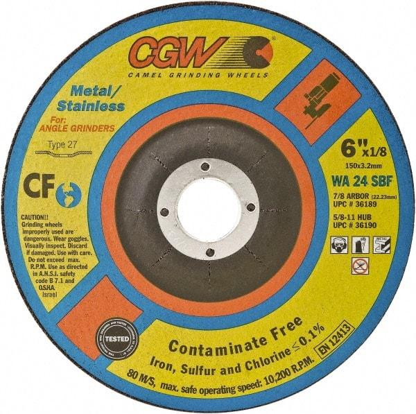 Camel Grinding Wheels - 24 Grit, 5" Wheel Diam, 1/8" Wheel Thickness, 7/8" Arbor Hole, Type 27 Depressed Center Wheel - Coarse Grade, Aluminum Oxide, Resinoid Bond, 12,250 Max RPM - Benchmark Tooling