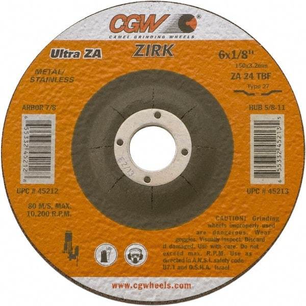 Camel Grinding Wheels - 24 Grit, 4" Wheel Diam, 1/8" Wheel Thickness, 3/8" Arbor Hole, Type 27 Depressed Center Wheel - Coarse Grade, Zirconia Alumina, Resinoid Bond, 15,300 Max RPM - Benchmark Tooling
