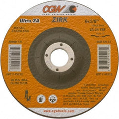 Camel Grinding Wheels - 24 Grit, 4" Wheel Diam, 1/8" Wheel Thickness, 3/8" Arbor Hole, Type 27 Depressed Center Wheel - Coarse Grade, Zirconia Alumina, Resinoid Bond, 15,300 Max RPM - Benchmark Tooling