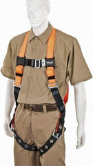 Miller - 400 Lb Capacity, Size Universal, Full Body Construction Safety Harness - Polyester, Tongue Leg Strap, Mating Chest Strap, Orange/Black - Benchmark Tooling