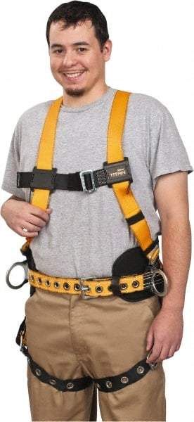 Miller - 400 Lb Capacity, Size Universal, Full Body Construction Safety Harness - Polyester, Side D-Ring, Tongue Leg Strap, Mating Chest Strap, Yellow/Black - Benchmark Tooling