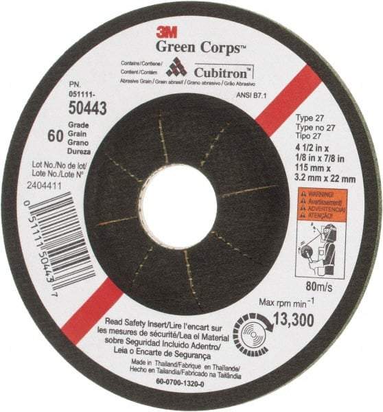 3M - 60 Grit, 4-1/2" Wheel Diam, 1/8" Wheel Thickness, 7/8" Arbor Hole, Type 27 Depressed Center Wheel - Ceramic, 13,300 Max RPM - Benchmark Tooling
