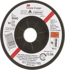 3M - 60 Grit, 4-1/2" Wheel Diam, 1/8" Wheel Thickness, 7/8" Arbor Hole, Type 27 Depressed Center Wheel - Ceramic, 13,300 Max RPM - Benchmark Tooling