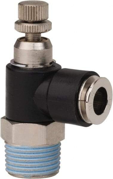 PRO-SOURCE - 3/8" NPT x 5/16" Tube OD Right Angle Flow Control Valve - 0 to 113.76 psi & Techno Polymer, Brass, Steel Material - Benchmark Tooling