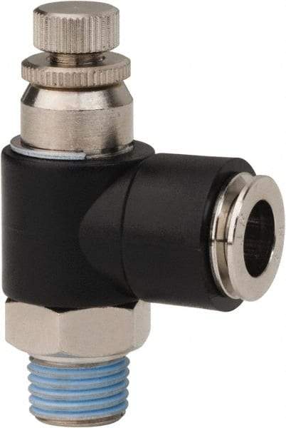 PRO-SOURCE - 1/4" NPT x 3/8" Tube OD Right Angle Flow Control Valve - 0 to 113.76 psi & Techno Polymer, Brass, Steel Material - Benchmark Tooling