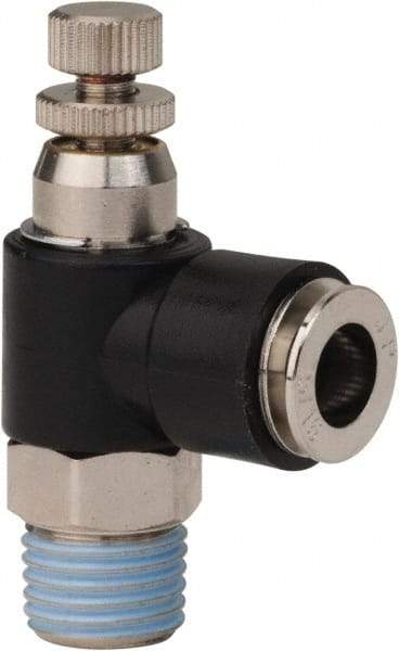 PRO-SOURCE - 1/4" NPT x 5/16" Tube OD Right Angle Flow Control Valve - 0 to 113.76 psi & Techno Polymer, Brass, Steel Material - Benchmark Tooling