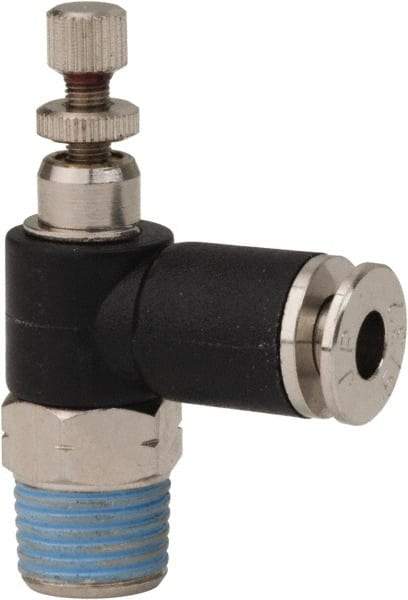 PRO-SOURCE - 1/8" NPT x 5/32" Tube OD Right Angle Flow Control Valve - 0 to 113.76 psi & Techno Polymer, Brass, Steel Material - Benchmark Tooling