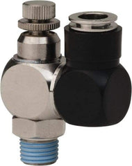 Value Collection - 1/4" Male NPT x 3/8" Tube OD Flow Control Offset Inline Valve - 0 to 113.76 psi & Techno Polymer, Brass, Steel Material - Benchmark Tooling