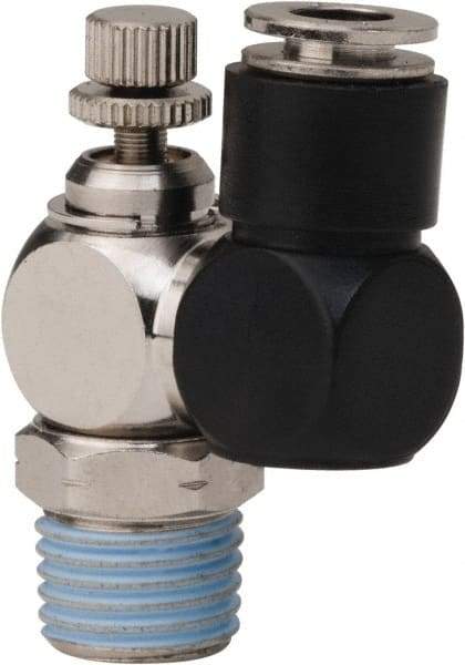 PRO-SOURCE - 1/4" Male NPT x 1/4" Tube OD Flow Control Offset Inline Valve - 0 to 113.76 psi & Techno Polymer, Brass, Steel Material - Benchmark Tooling