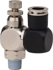 Value Collection - 1/8" Male NPT x 5/16" Tube OD Flow Control Offset Inline Valve - 0 to 113.76 psi & Techno Polymer, Brass, Steel Material - Benchmark Tooling