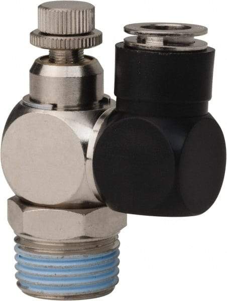 Value Collection - 1/2" Male NPT x 3/8" Tube OD Flow Control Offset Inline Valve - 0 to 113.76 psi & Techno Polymer, Brass, Steel Material - Benchmark Tooling