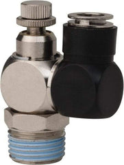 Value Collection - 1/2" Male NPT x 3/8" Tube OD Flow Control Offset Inline Valve - 0 to 113.76 psi & Techno Polymer, Brass, Steel Material - Benchmark Tooling