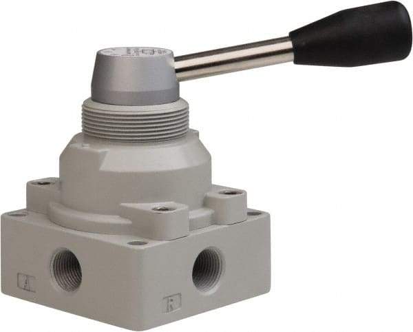 PRO-SOURCE - 3/8" NPT Manual Mechanical Valve - 4-Way, 3 Position, Lever, 0.98 CV Rate & 127.98 Max psi - Benchmark Tooling